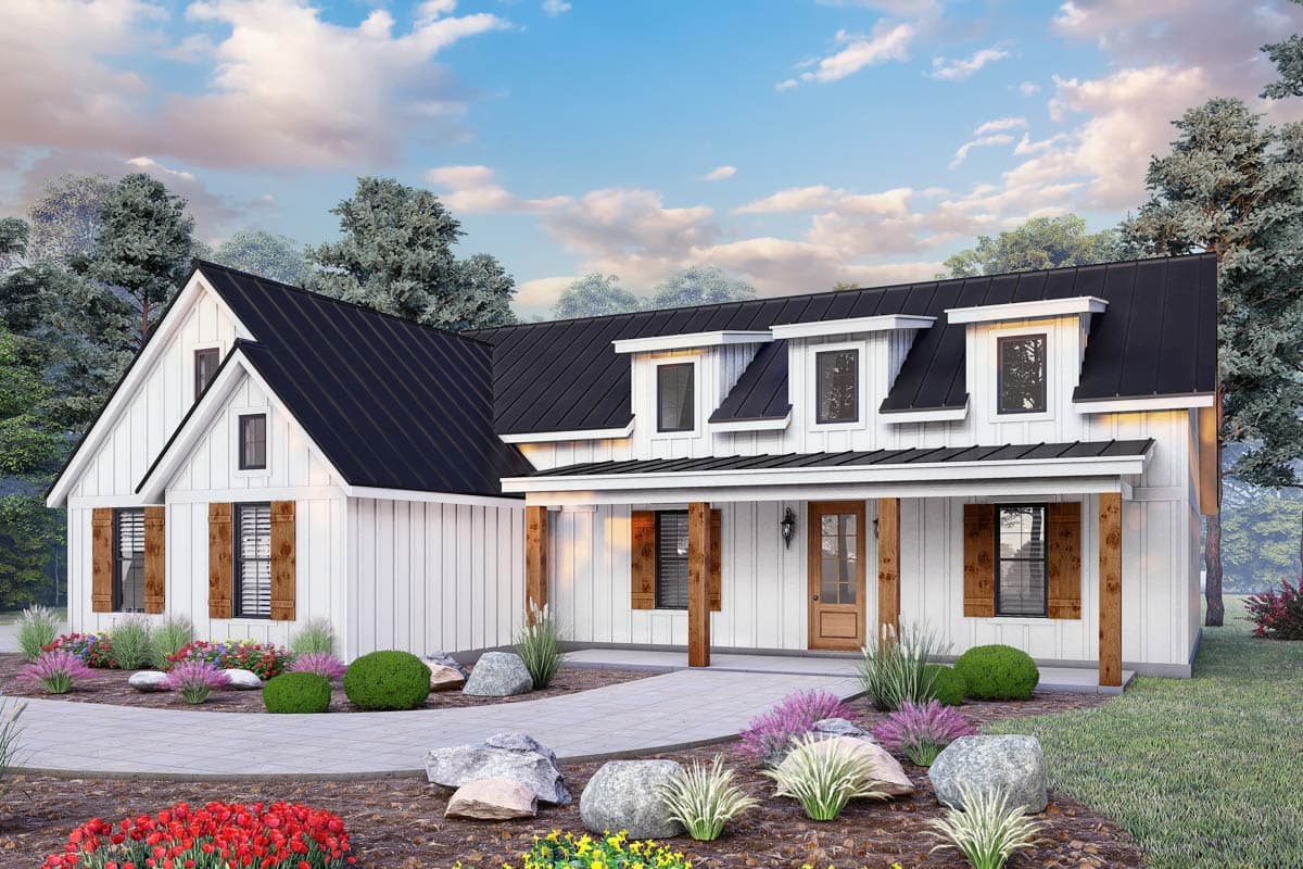 House plan exterior. Modern Farmhouse style, one-story. Features a front porch, gables, and dormers. Black metal roof and board and batten siding.