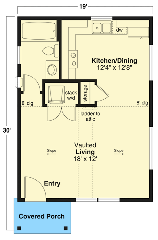 Plan 72441DA: Vaulted ADU Studio House Plan with Loft - 619 Sq Ft - Floor Plan - Main Level - Cottage, Country, Craftsman