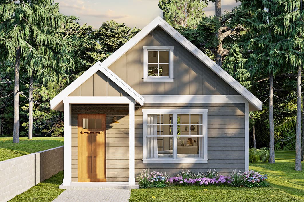 House plan exterior. One-story cottage with gabled roof, small entry porch, and a dormer. Horizontal siding and wood-paneled door.