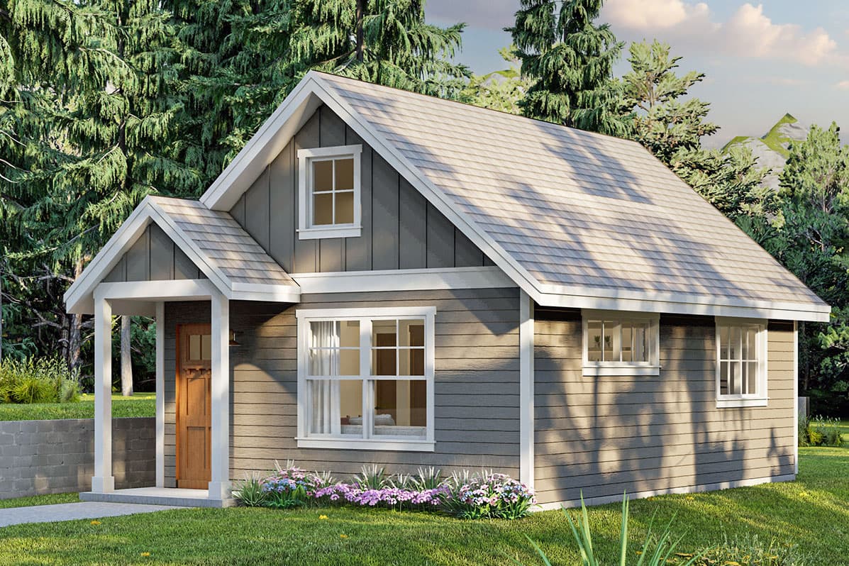 House plan exterior: Modern Farmhouse style, two stories, covered porch, gable roof, and lap siding.