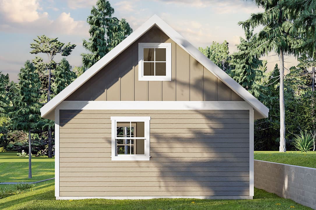 House plan exterior: Gable roof, horizontal siding on main level, vertical siding in gable, two multi-pane windows.