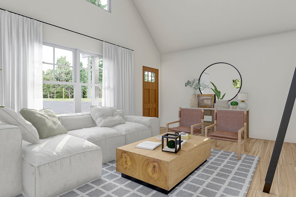 Interior rendering of a great room with vaulted ceiling, large windows, sectional sofa, and wood coffee table.