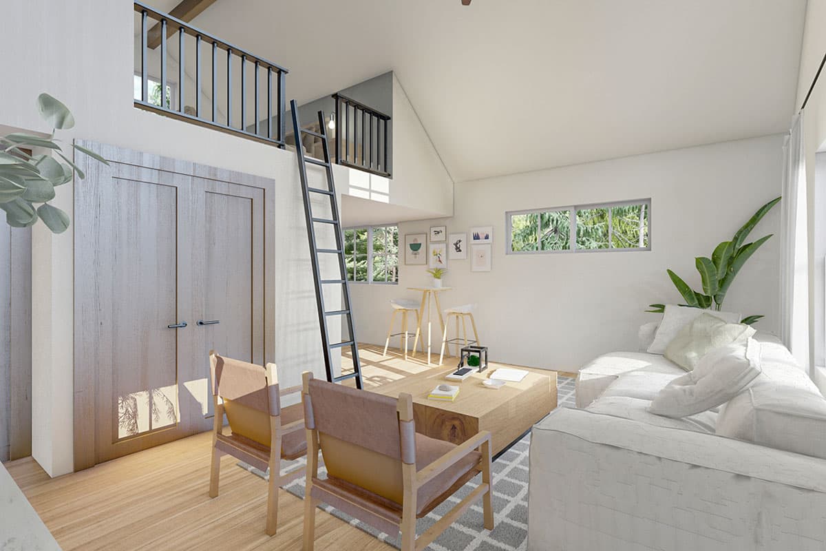 Interior rendering of a living area with vaulted ceiling, loft access via ladder, double doors, and seating.