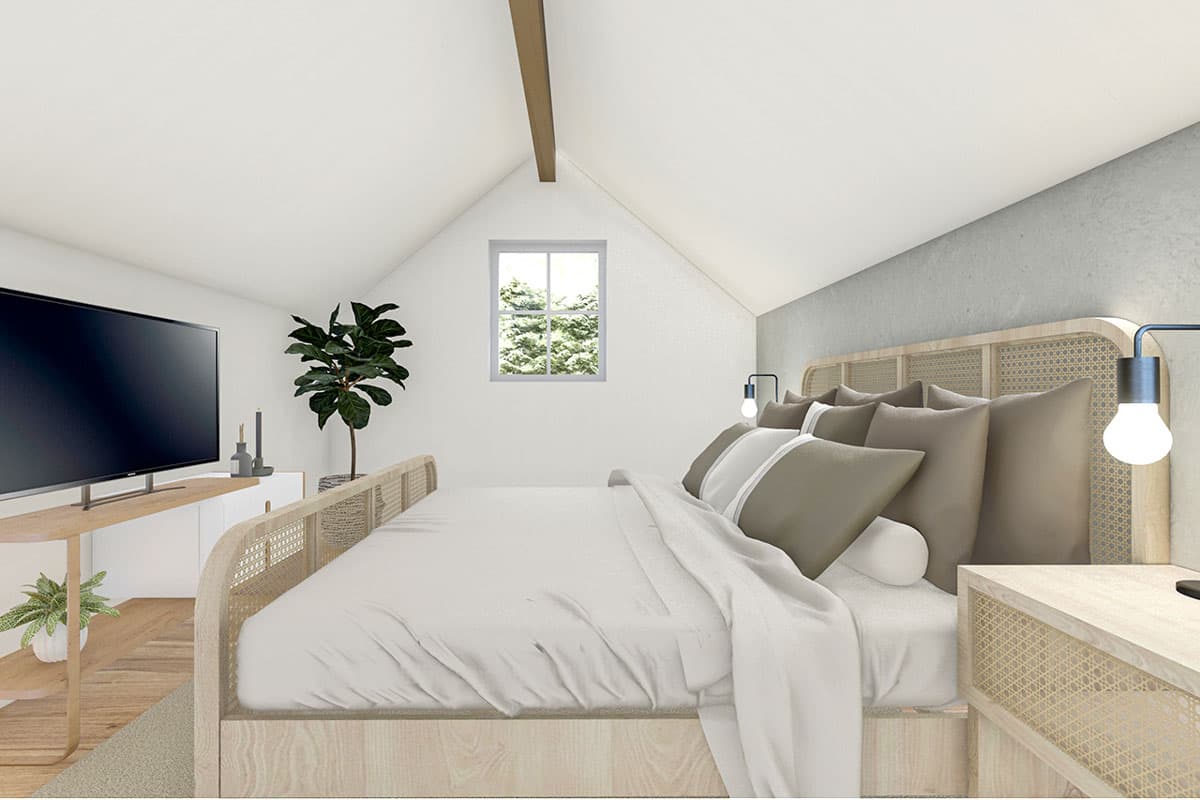 Interior rendering of a bedroom with vaulted ceiling, exposed beam, rattan bed, and media console.