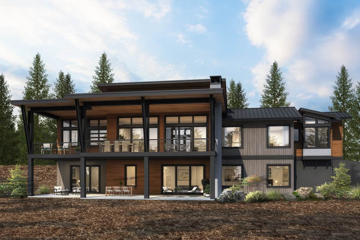 Modern house plan exterior with two stories, cantilevered decks, large windows, and a metal roof.