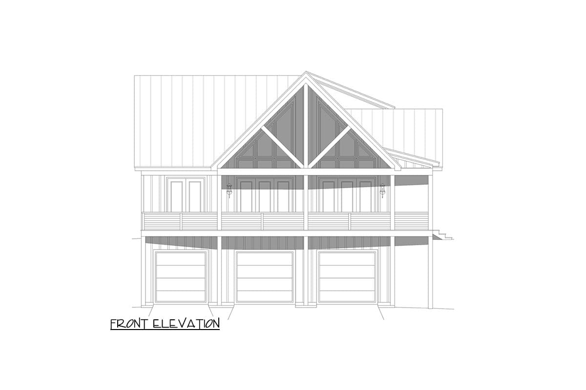 Front elevation drawing of a two-story house plan with a metal roof, gabled front, balcony, and three garage bays.