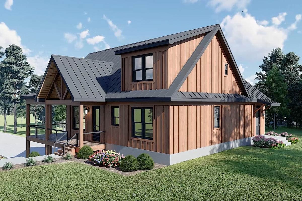 House plan exterior of a two-story Modern Farmhouse with vertical siding, metal roof, and covered front porch with exposed rafter tails.