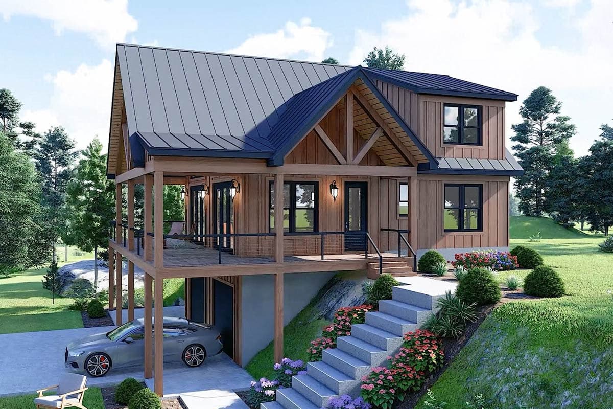 House plan exterior with two stories. Features include a metal roof, covered porch, shed dormer, and exposed timber framing.