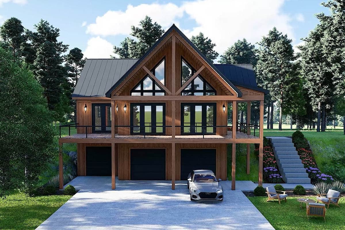 House plan exterior: A two-story modern cabin with a metal roof, exposed timber framing, a wraparound deck, and a three-car garage.