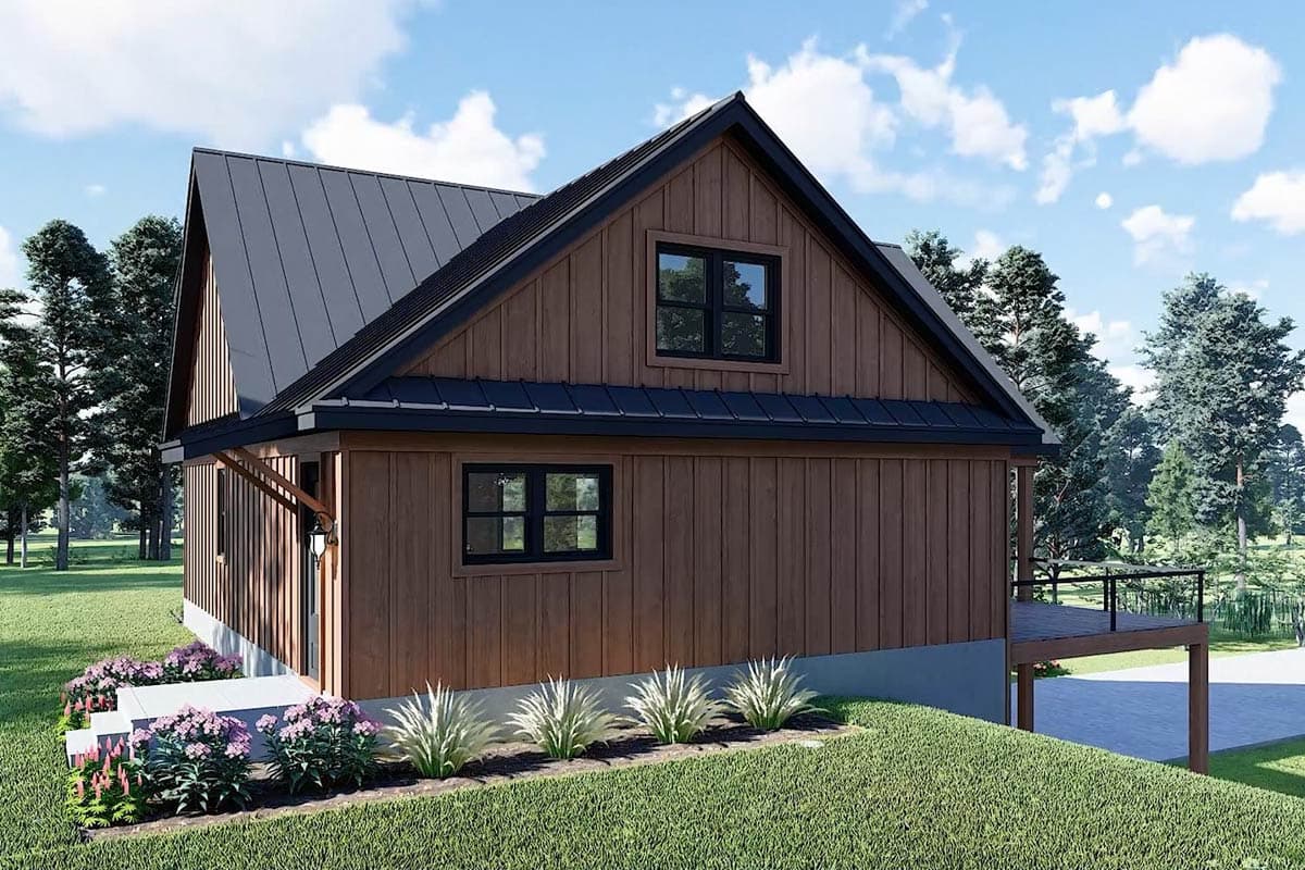 House plan exterior: Vertical wood siding, dark metal roof, prominent gables, and rear deck. Two stories visible.