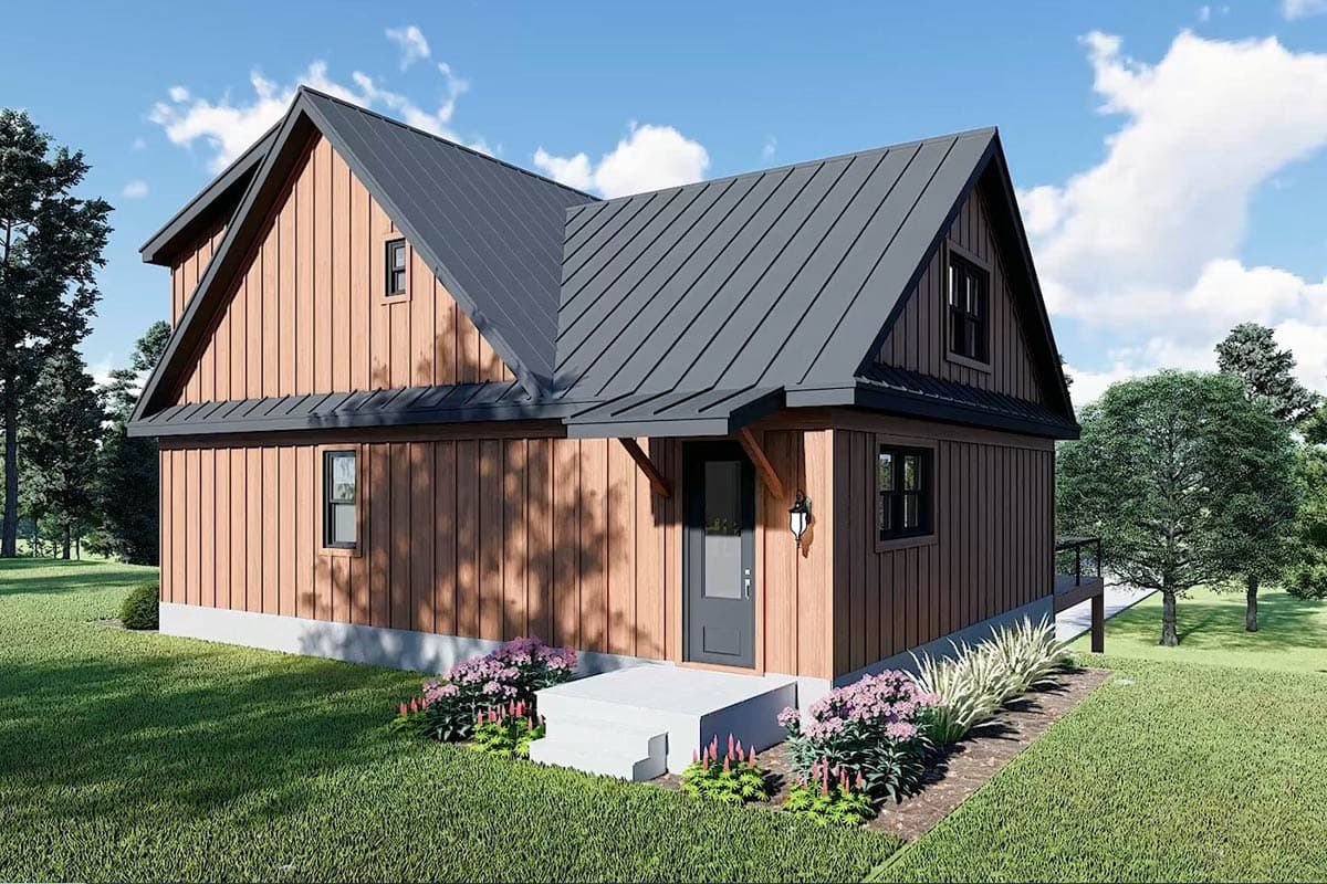 Modern Farmhouse house plan exterior featuring vertical siding, gables, a metal roof, and a covered entrance.