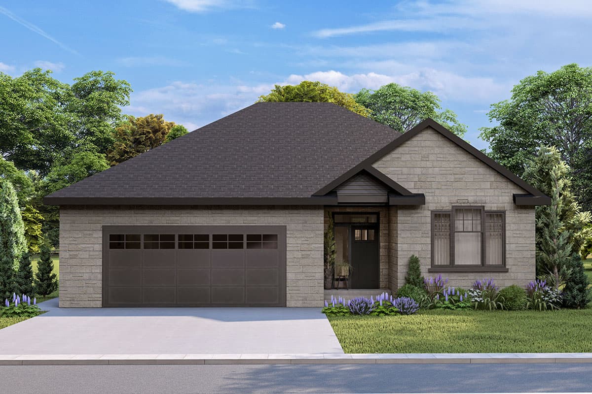 House plan exterior: one-story home with stone facade, attached garage, pitched roof, and covered entry with transom window.