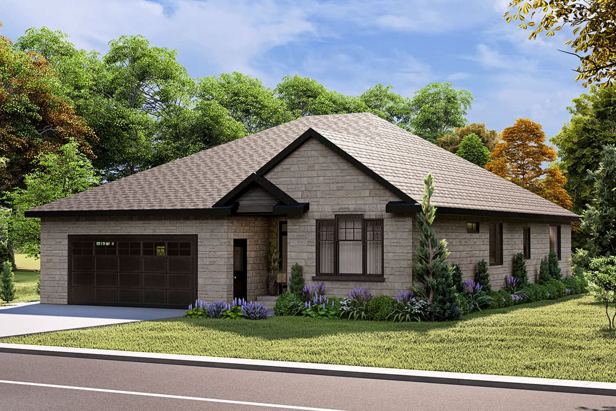 House plan exterior. Single-story home with a gabled roof, brick veneer, and an attached garage. Features dark trim and landscaping.