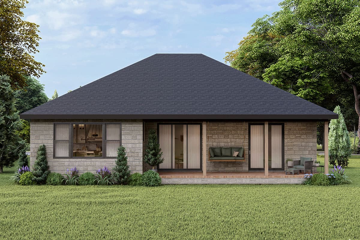 House plan exterior: One-story dwelling with stone veneer, large gable roof, covered porch with swing, and sliding glass doors.