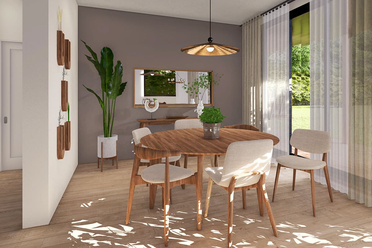 Dining room rendering with oval wooden table, upholstered chairs, large windows with sheer curtains, and decorative wall art.