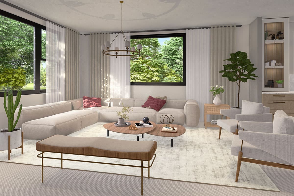 Living room rendering with sectional sofa, two chairs, oval coffee table, bench, large windows, and chandelier.