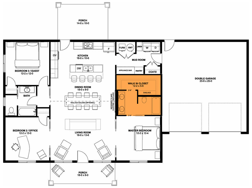 Plan 67832MG: Single-Story Craftsman House Plan with 2-Car Garage - 1496 Sq Ft - Floor Plan - Alternate Master Bath Layout - Country, Craftsman, New American, Ranch