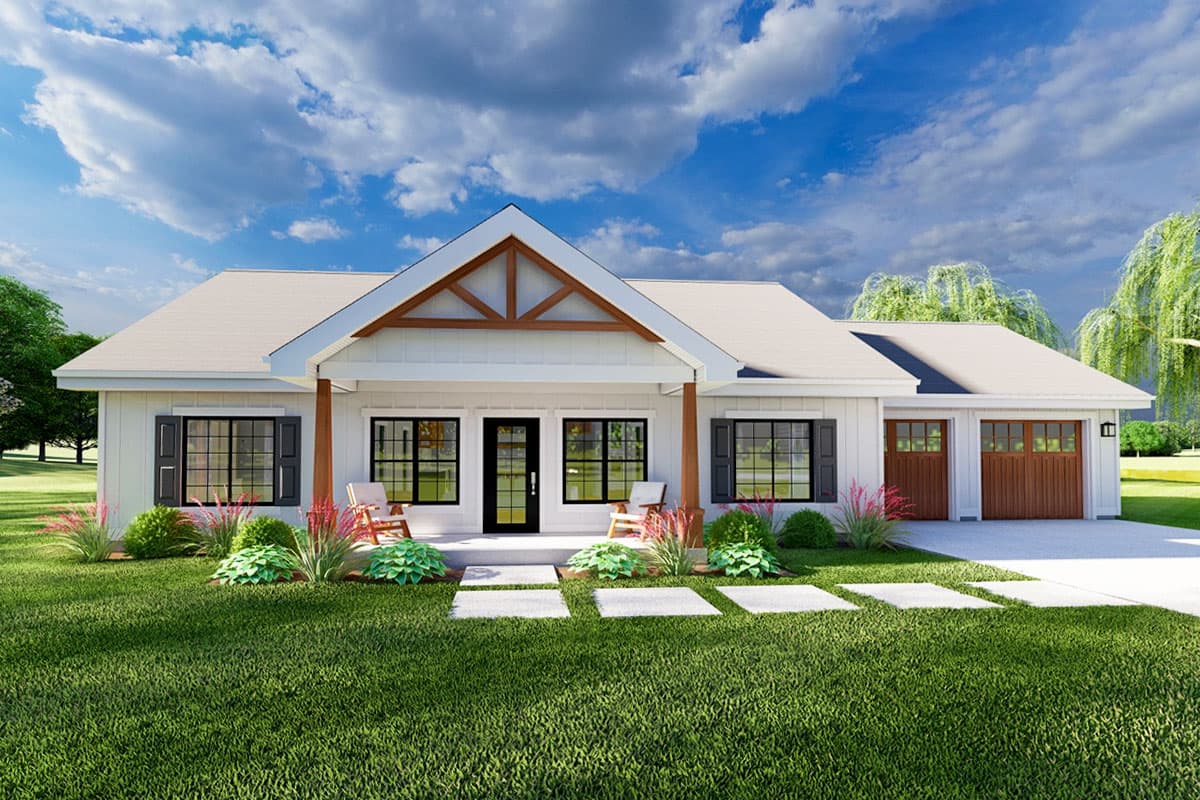 House plan exterior. Modern Farmhouse style with a single story, a gable roof, a covered porch, and a two-car garage.