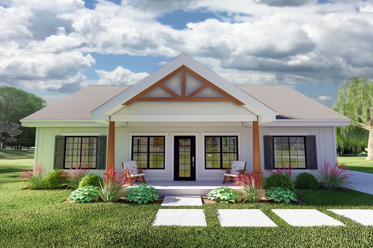 House plan exterior featuring a single-story Modern Farmhouse design. Includes a gable roof, covered porch, and decorative truss detail in the gable.