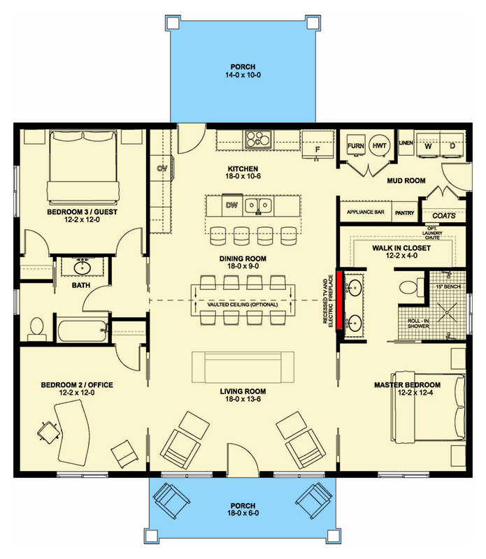 Plan 67833MG: Single-Story Craftsman House Plan with Home Office - 1496 Sq Ft - Floor Plan - Main Level - Country, Craftsman, New American, Ranch