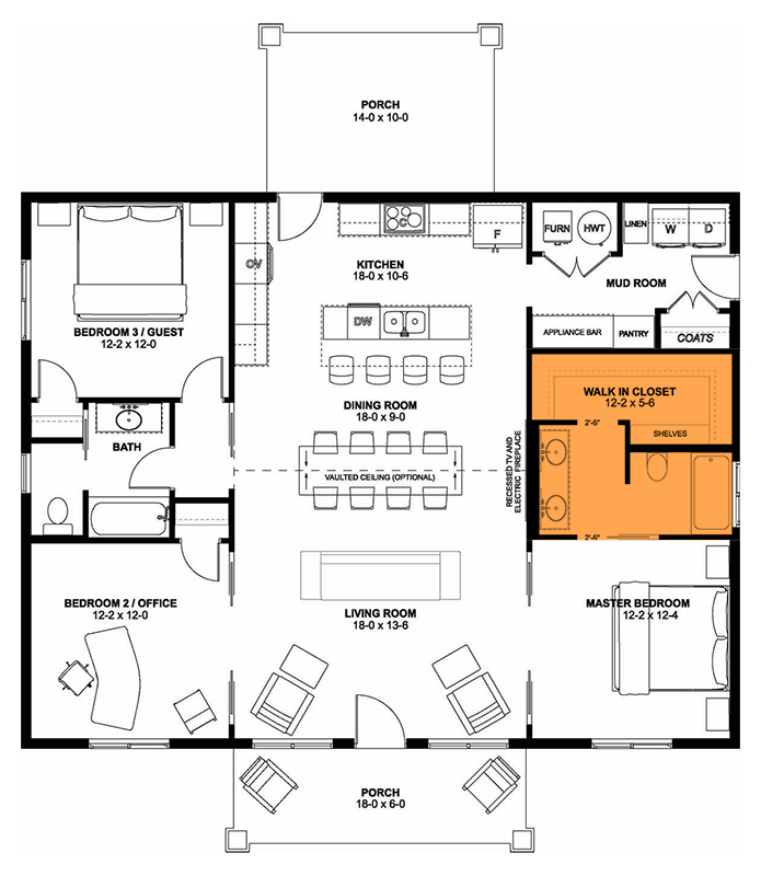 Plan 67833MG: Single-Story Craftsman House Plan with Home Office - 1496 Sq Ft - Floor Plan - Alternate Master Bath Layout - Country, Craftsman, New American, Ranch