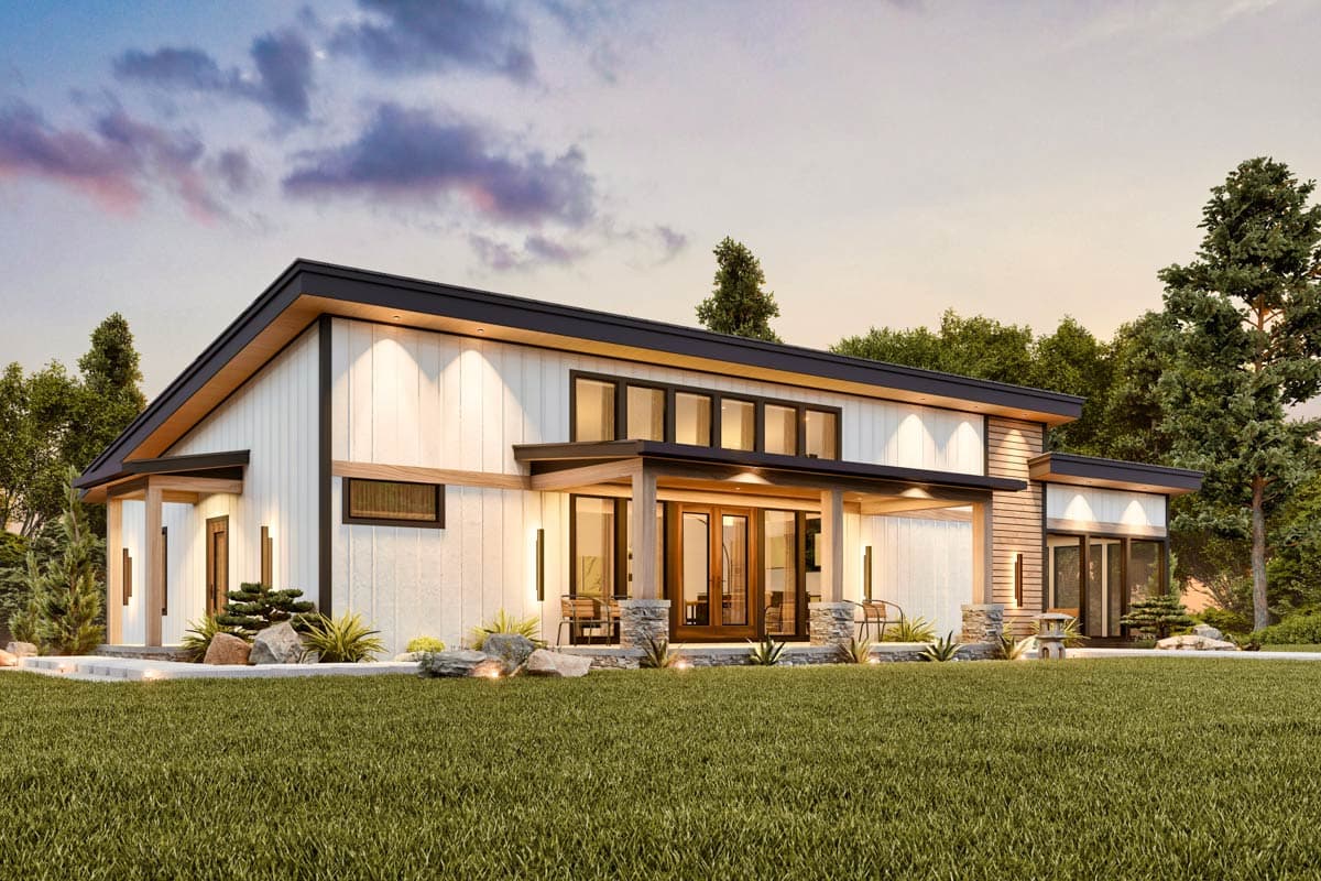 Modern house plan exterior with a low-pitched roof, vertical siding, large windows, and a covered entry with stone pillars.