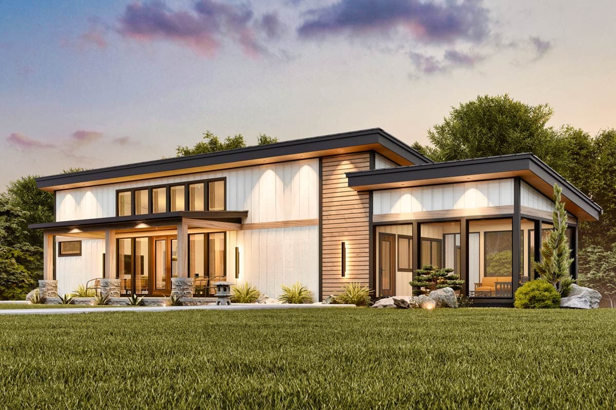 House plan exterior. Two-story modern home with flat roof, covered porch with wooden beams, and floor-to-ceiling windows.