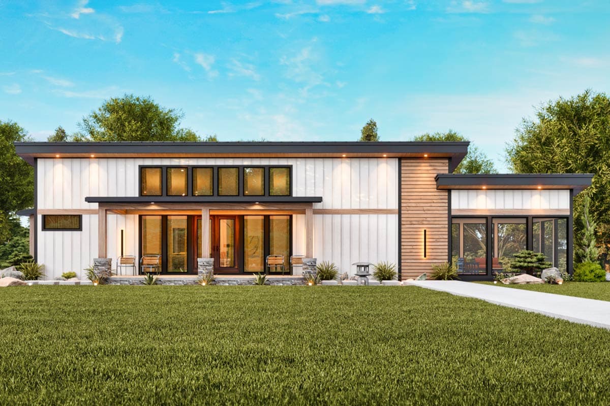 Modern house plan exterior with flat rooflines, horizontal siding, wood accents, and a covered entry with glass doors.