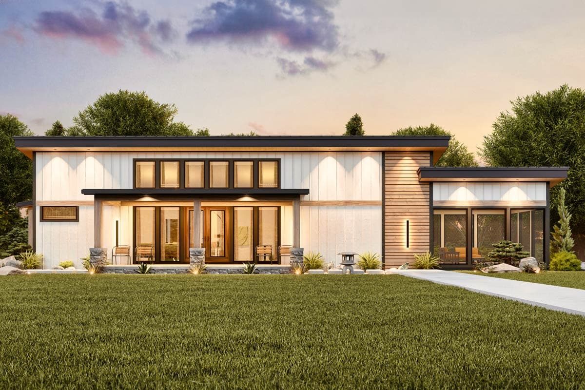 Modern house plan exterior with a low-pitched roof, white vertical siding, wood accents, and a covered porch with large glass doors.