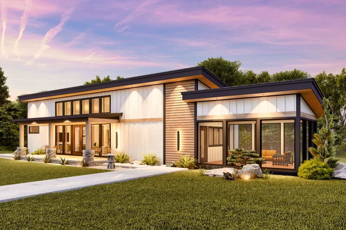 Modern house plan exterior with a covered porch, large windows, wood siding accents, and flat rooflines.
