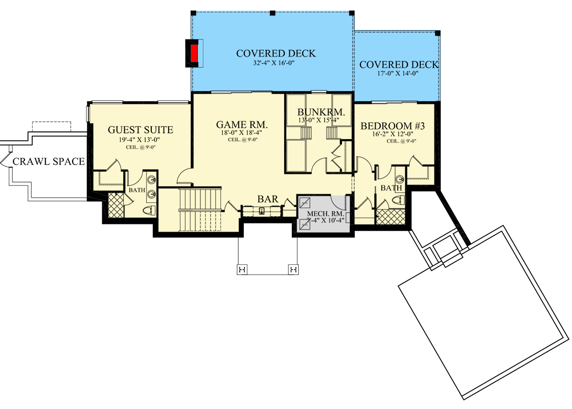 Plan 24139BG: One-Story Contemporary Mountain House Plan with Angled Garage - 3570 Sq Ft - Floor Plan - Lower Level - Contemporary, Mid Century Modern, Modern, Mountain