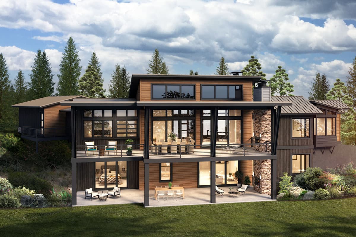 Modern house plan exterior with multiple levels, expansive windows, balconies, and wood and stone facade.
