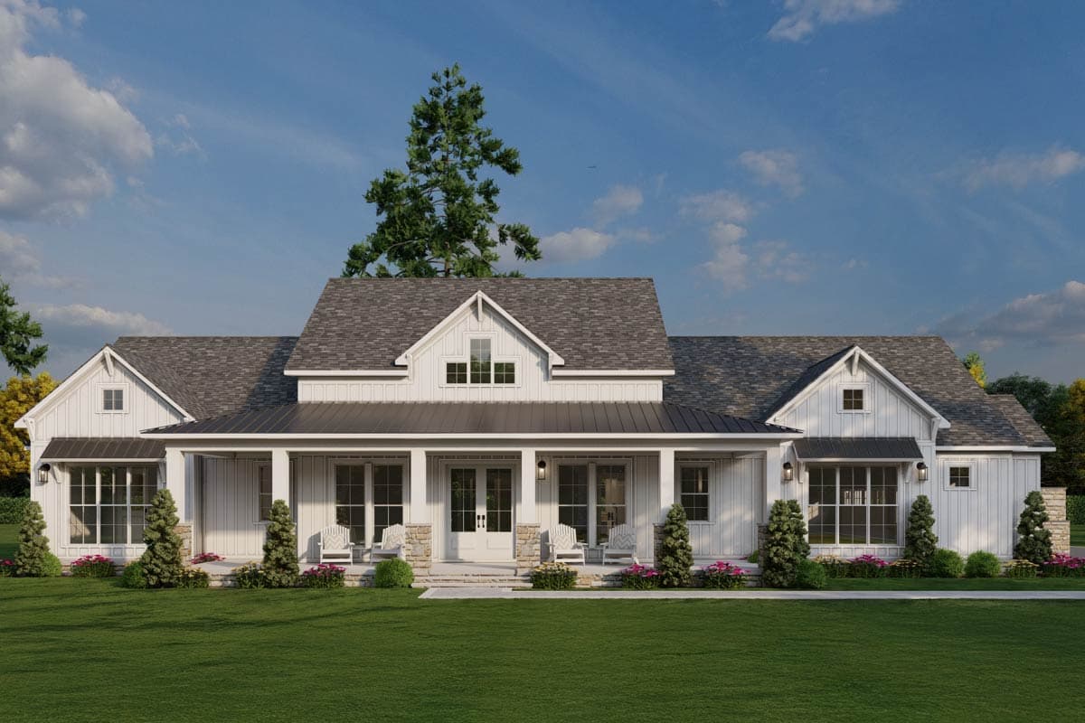 Modern Farmhouse house plan exterior, one story, with a wide covered porch, prominent gables, and board and batten siding.