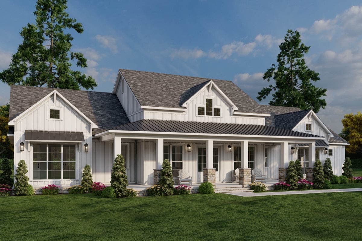 House plan exterior. Two-story Modern Farmhouse with a gabled roof, dormers, a wraparound porch, and board-and-batten siding.