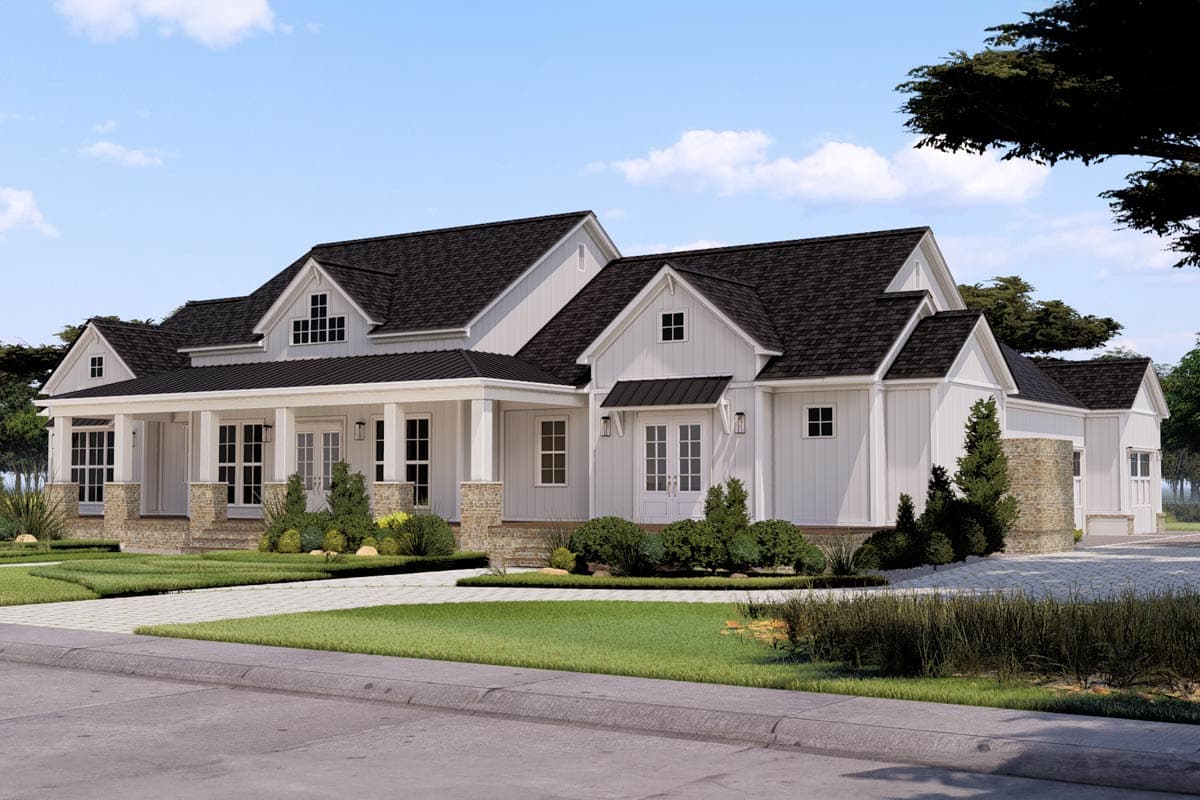 Modern Farmhouse house plan exterior with wraparound porch, board and batten siding, and multiple gables.