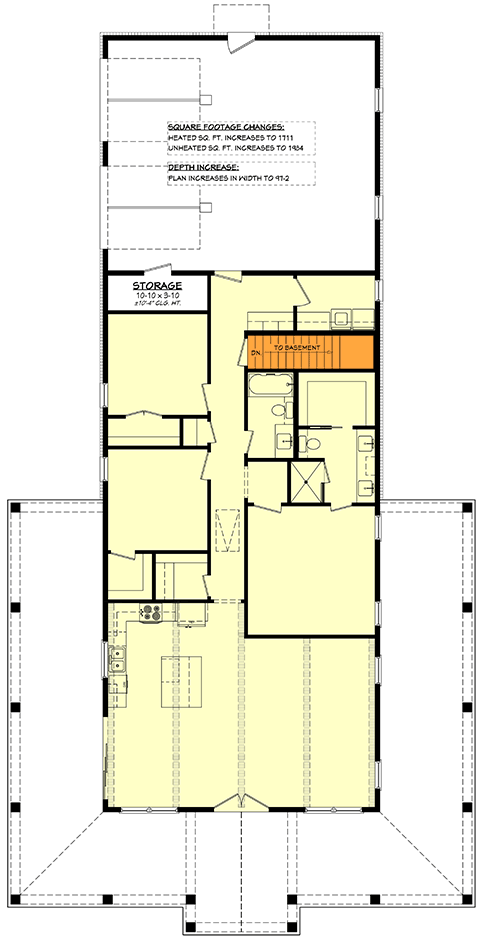 Plan 51979HZ: 3-Bed Barndominium House Plan with Wrap-Around Porch - 1635 Sq Ft - Floor Plan - Main Level - Basement Stairs Location - Barndominium, Country, Farmhouse