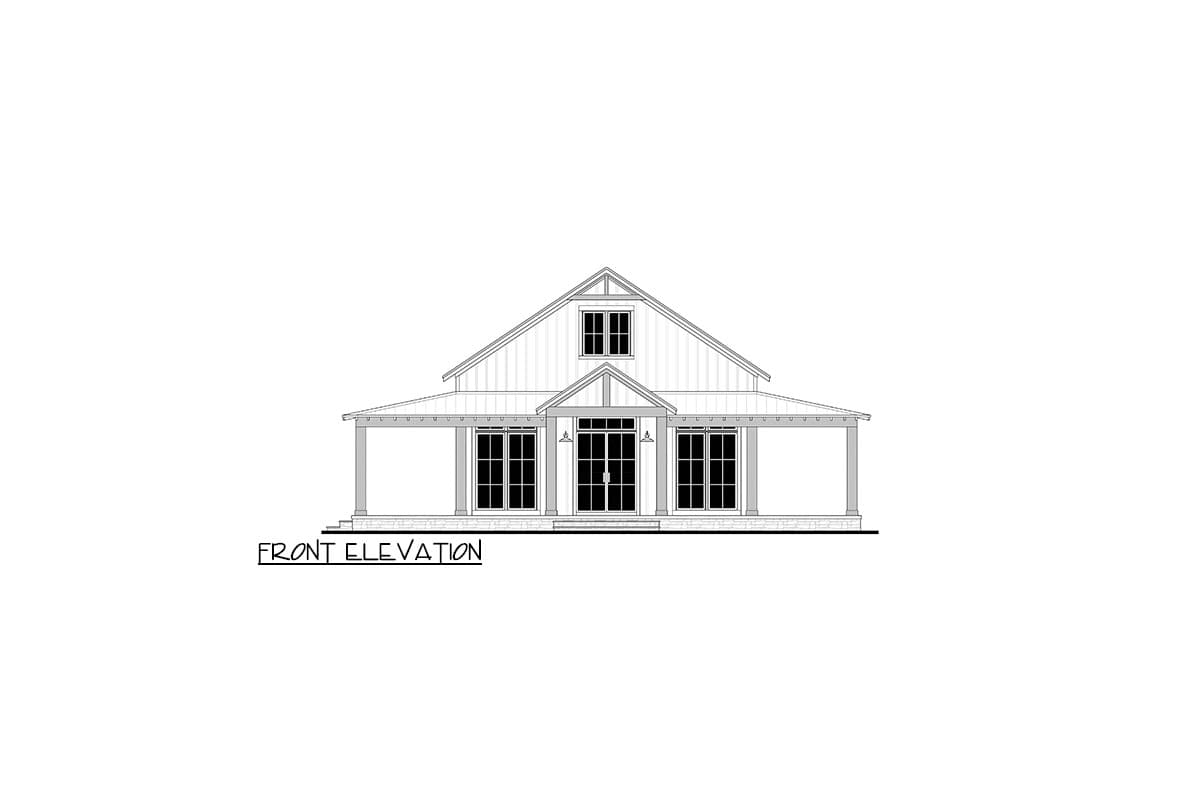 Front elevation drawing of a modern farmhouse style house with a large front porch, gable roof, and board and batten siding.