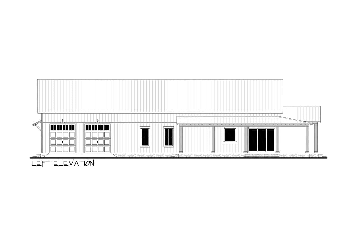 Left elevation of a house plan featuring a two-car garage, covered porch, and multiple windows.