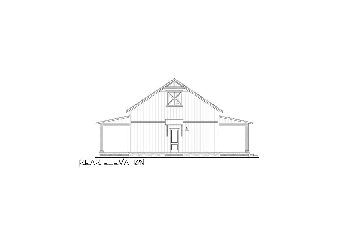 Rear elevation drawing of a barn-style house plan with full-width porches and a prominent gable dormer.