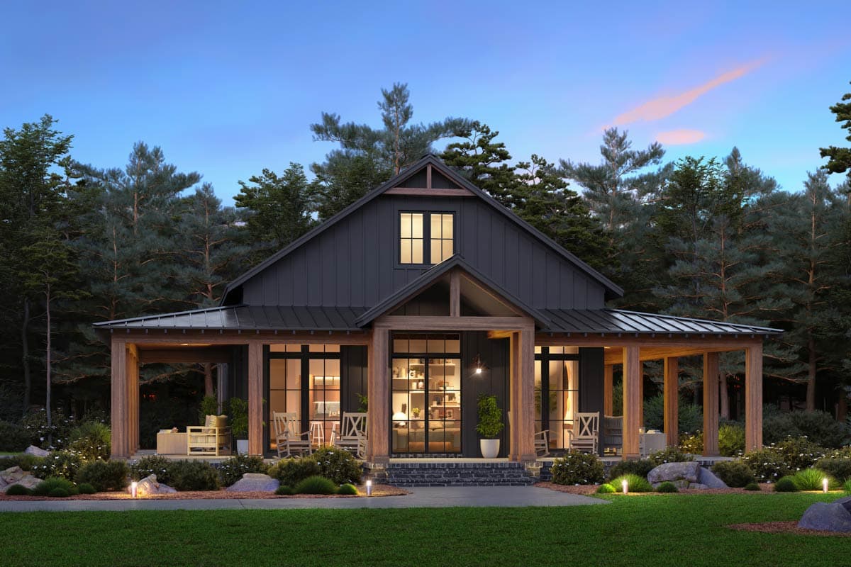 Modern Farmhouse house plan exterior with dark siding, metal roof, and a large wraparound porch with wooden beams.