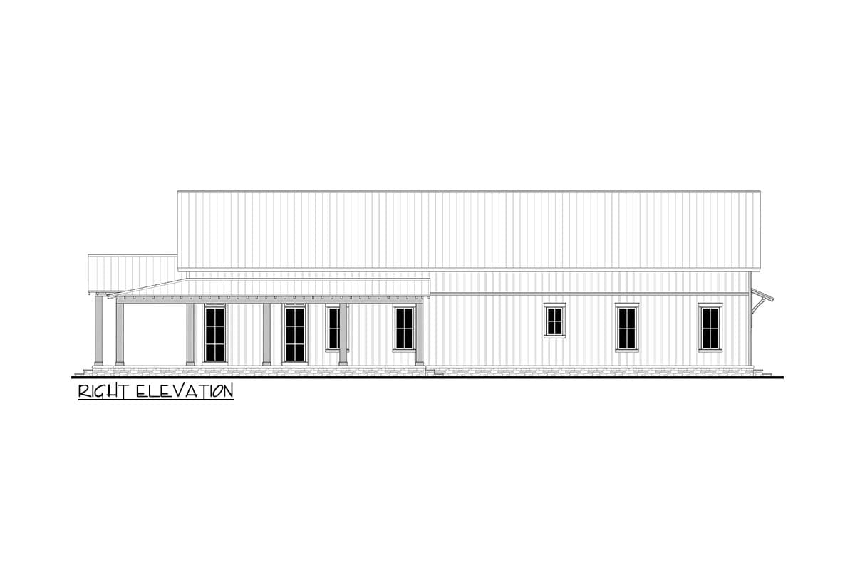 Right elevation house plan drawing showing a porch with three columns, multiple windows, and a metal roof.