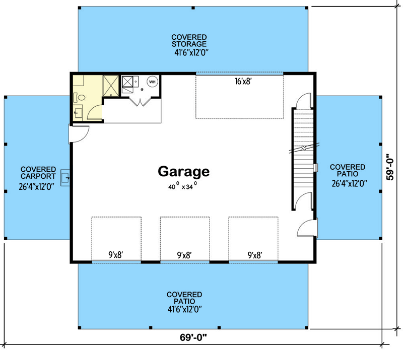 Plan 42455DB: Mountain Carriage House Plan with Unfinished Storage - 1500 Sq Ft - Floor Plan - Main Level - Barndominium, Carriage, Country, Craftsman, Mountain, New American, Rustic