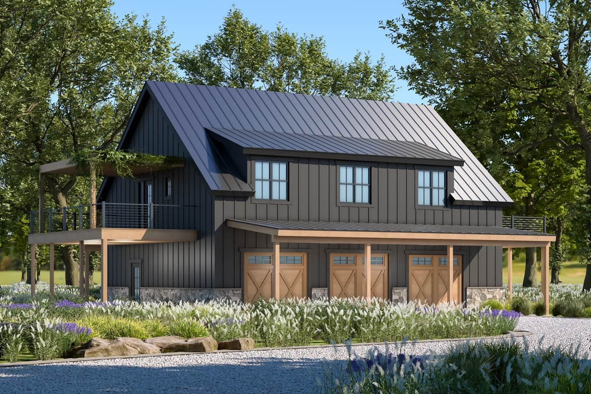 House plan exterior with board and batten siding, metal roof, covered porch, and second-story balcony. Three-car garage is visible.