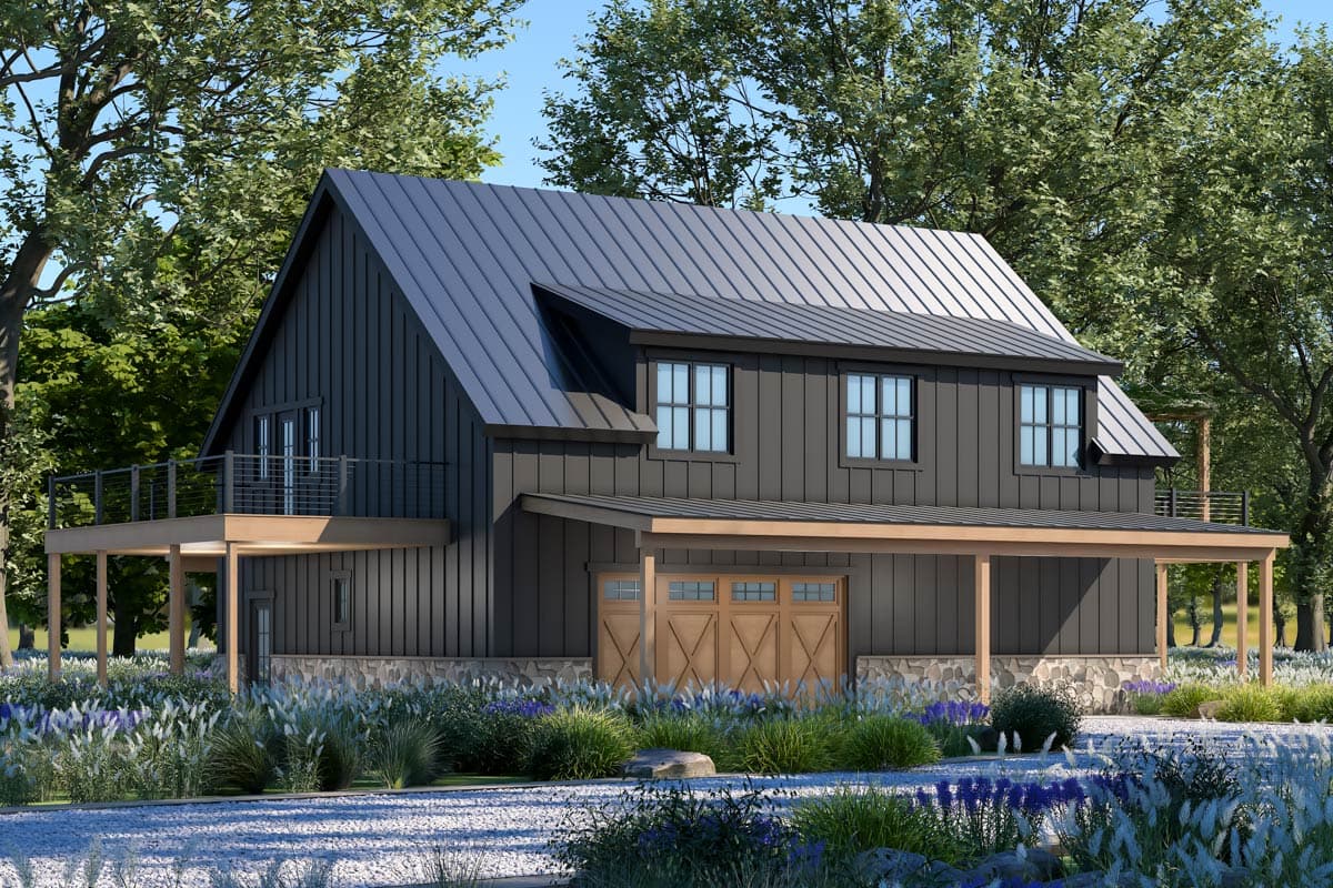 Modern farmhouse house plan exterior: two stories, dark vertical siding, metal roof, front-facing garage, wrap-around porch, and second-story deck.
