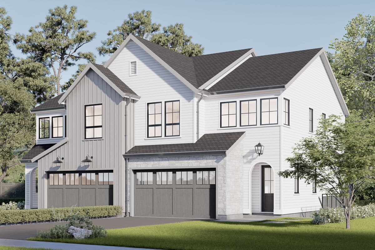 Modern Farmhouse house plan exterior with dual garages, stone accents, arched entryway, and varied gables.
