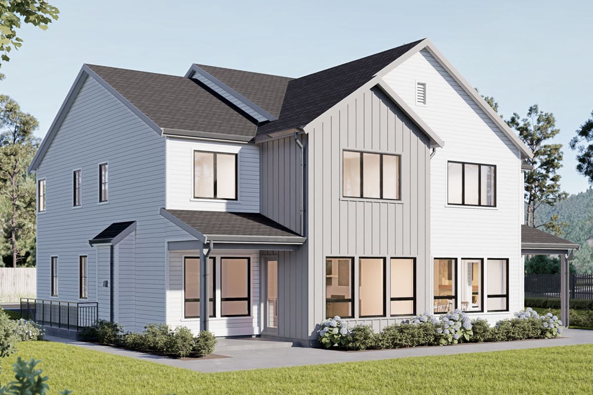 Two-story Modern Farmhouse plan with board-and-batten siding, gable roof, and covered entryway.