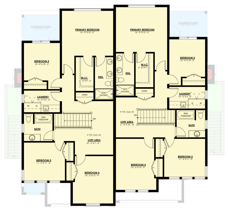 Plan 270110AF: Two-Story New American Duplex House Plan with Second Floor Master - 3869 Sq Ft - Floor Plan - 2nd Floor - Contemporary, New American