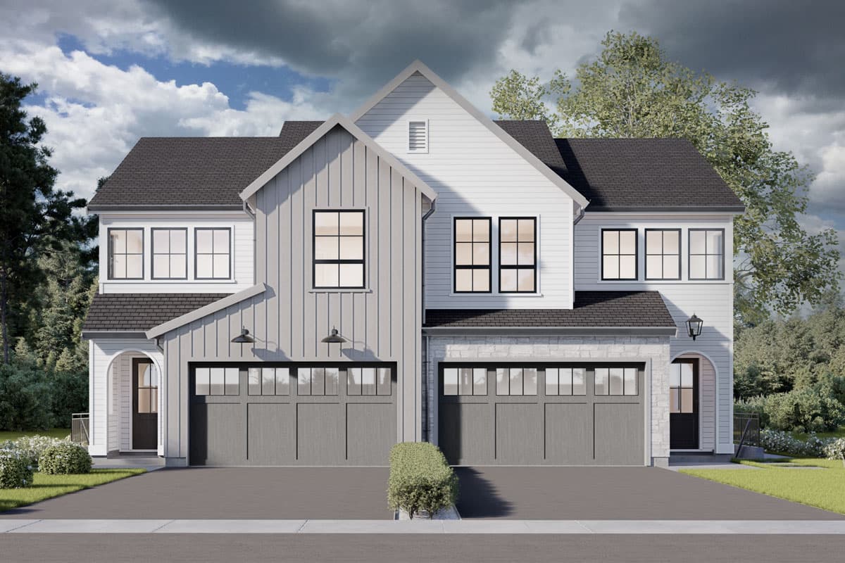 House plan exterior. Two-story Modern Farmhouse with gable roof, board-and-batten siding, and two-car garage. Features arched entryways and dormers.