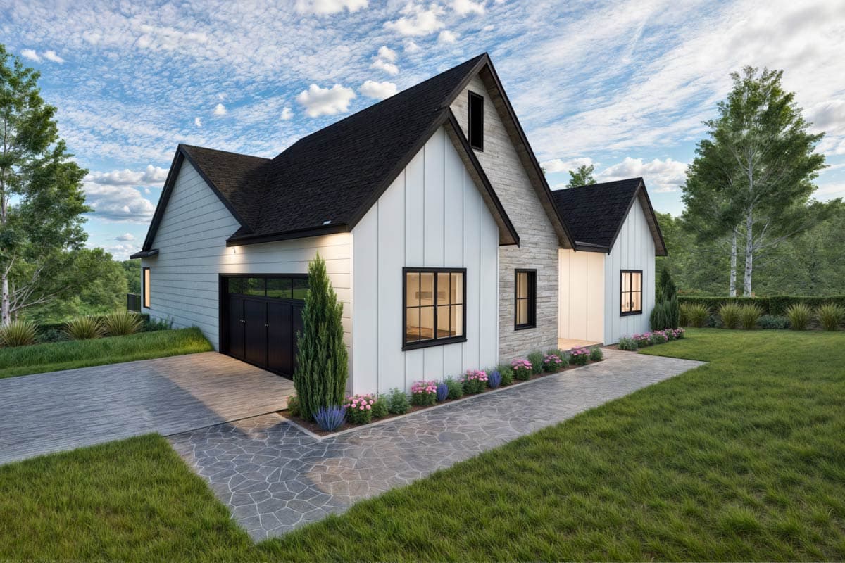 Modern Farmhouse house plan exterior with board and batten siding, stone accents, steeply pitched roof, and two-car garage.
