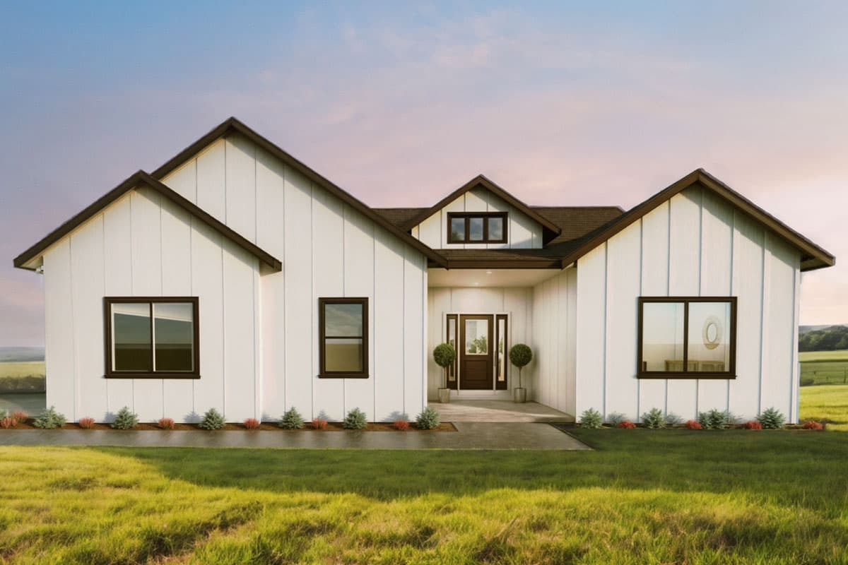 Modern Farmhouse house plan exterior with vertical siding, prominent gables, and a covered entry with a dormer above.